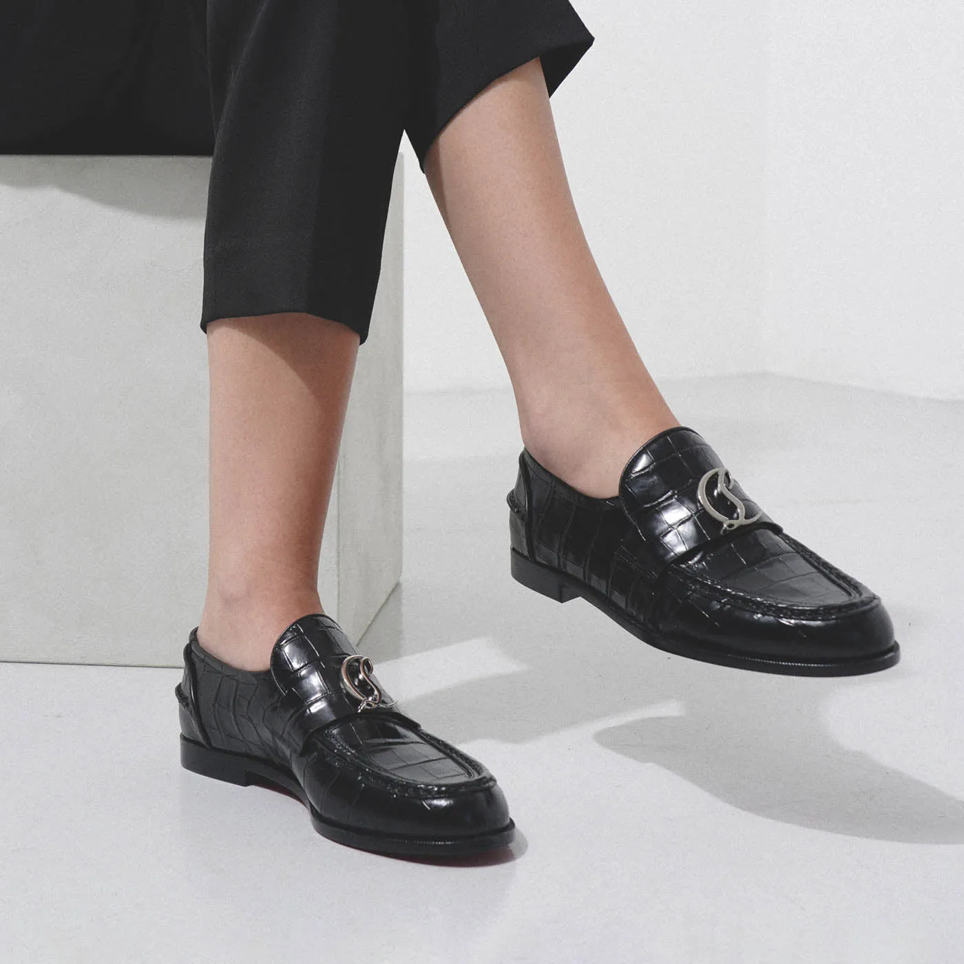 CL Moc flat embossed black leather loafers