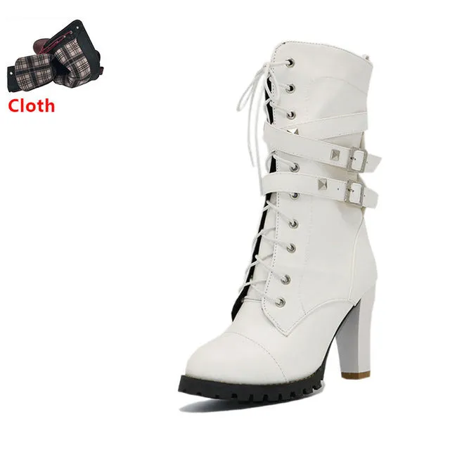 High heels Platform Buckle Zipper Rivets Lace up Leather boots