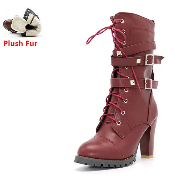 High heels Platform Buckle Zipper Rivets Lace up Leather boots