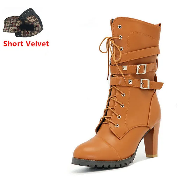 High heels Platform Buckle Zipper Rivets Lace up Leather boots