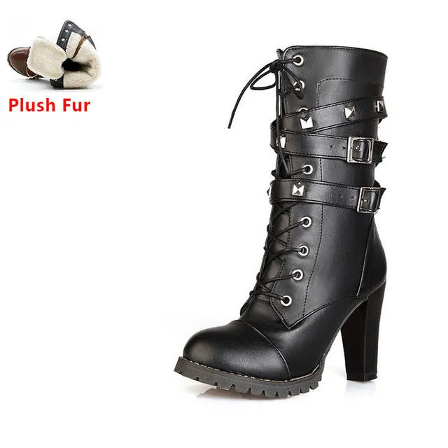 High heels Platform Buckle Zipper Rivets Lace up Leather boots