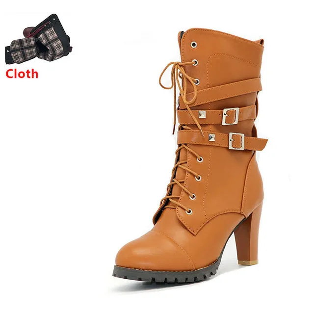 High heels Platform Buckle Zipper Rivets Lace up Leather boots
