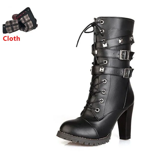 High heels Platform Buckle Zipper Rivets Lace up Leather boots