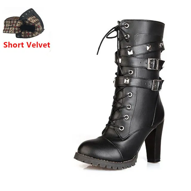 High heels Platform Buckle Zipper Rivets Lace up Leather boots