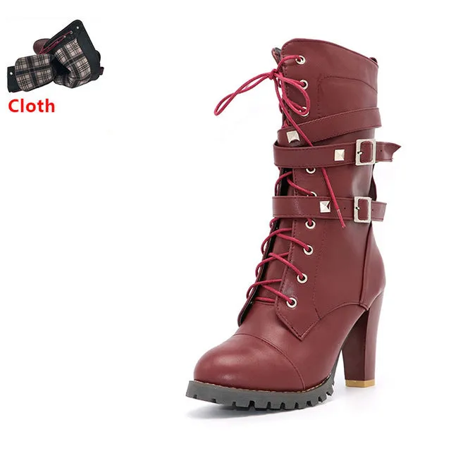 High heels Platform Buckle Zipper Rivets Lace up Leather boots