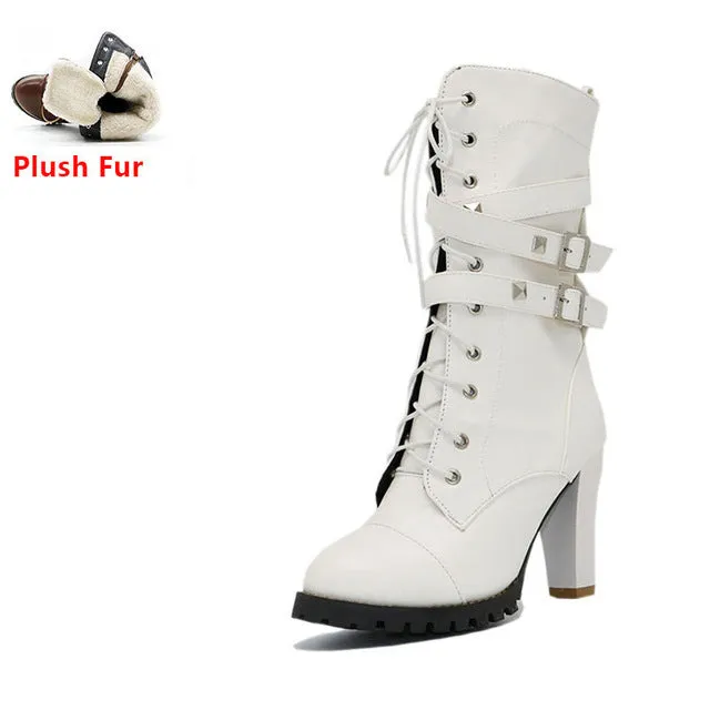 High heels Platform Buckle Zipper Rivets Lace up Leather boots
