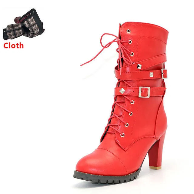 High heels Platform Buckle Zipper Rivets Lace up Leather boots