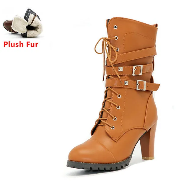 High heels Platform Buckle Zipper Rivets Lace up Leather boots