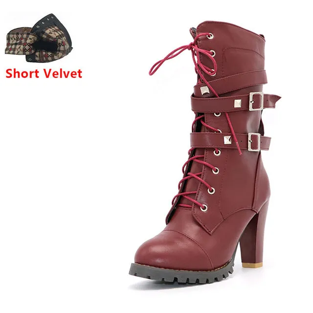 High heels Platform Buckle Zipper Rivets Lace up Leather boots