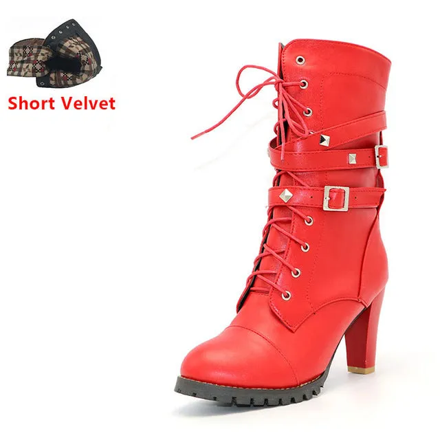 High heels Platform Buckle Zipper Rivets Lace up Leather boots