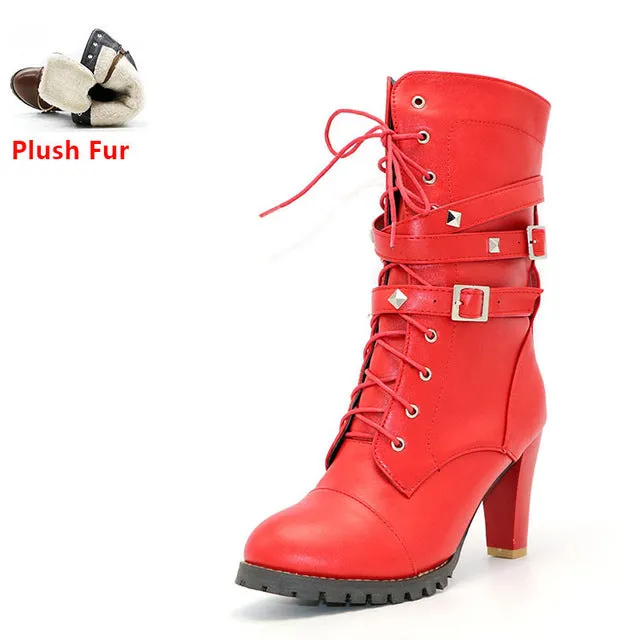 High heels Platform Buckle Zipper Rivets Lace up Leather boots