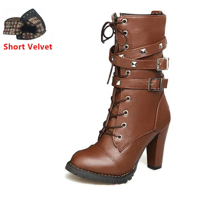 High heels Platform Buckle Zipper Rivets Lace up Leather boots