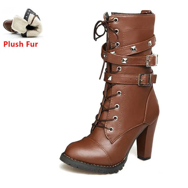 High heels Platform Buckle Zipper Rivets Lace up Leather boots