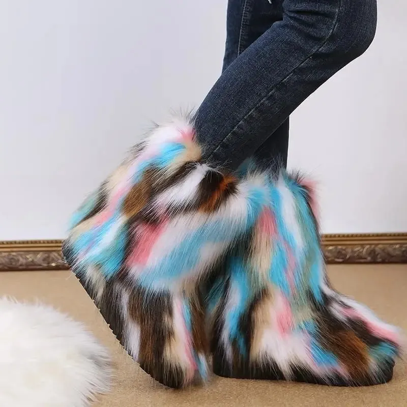 Women's Luxury Fluffy Faux Fur Snow Boots – Warm Plush Winter Footwear